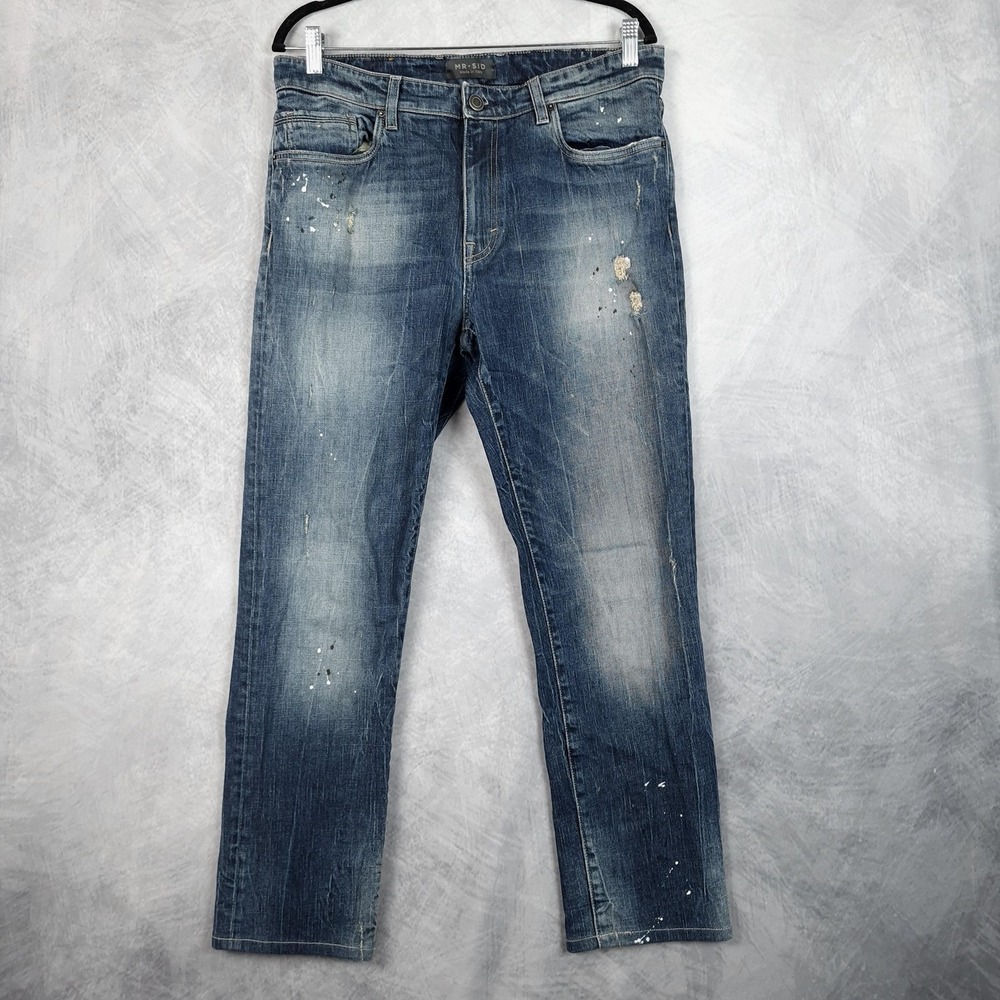 MR SID Jeans Mens 35 Made in Italy Distressed Paint Splatter Stretch 34x27.5